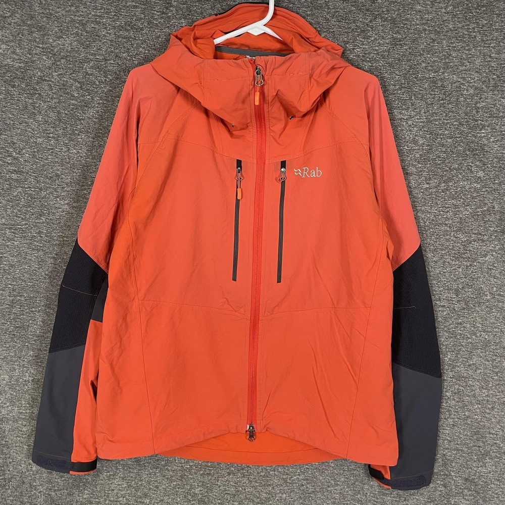 Rab Torque Jacket Mens Large Orange‎ Hooded Softshell Windbreaker Hiking Stretch